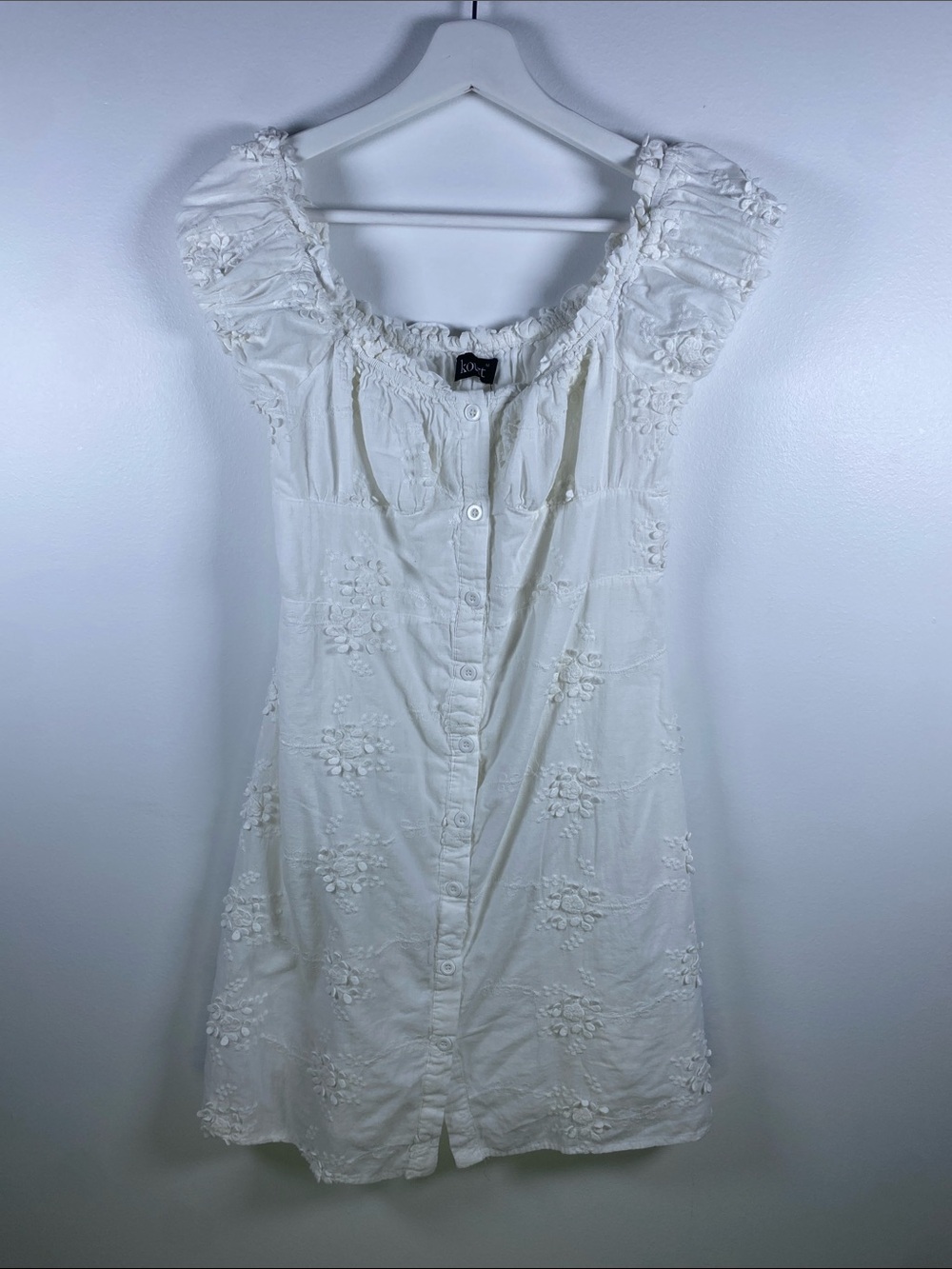 Kourt White Embroidered Cotton Button Front Puff Sleeve Mini Dress M